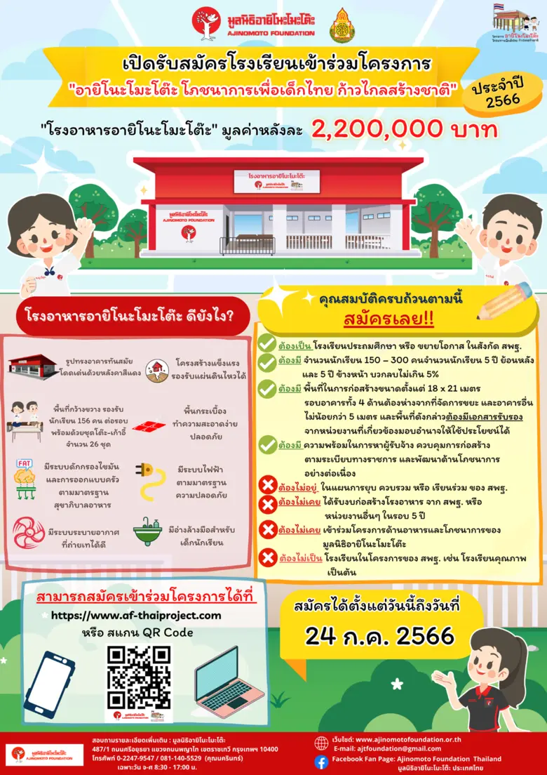 มูลนิธิอายิโนะโมะโต๊ะ เปิดรับสมัครโรงเรียนเข้าร่วมโครงการ อายิโนะโมะโต๊ะ โภชนาการเพื่อเด็กไทย ก้าวไกลสร้างชาติ ประจำปี 2566