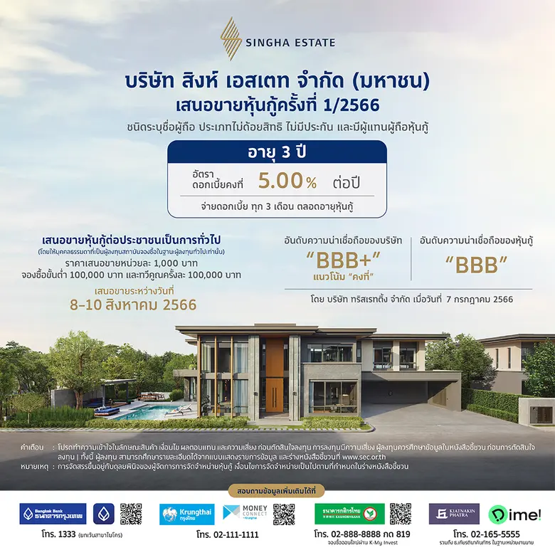 'สิงห์ เอสเตท' เคาะดอกเบี้ยหุ้นกู้อายุ 3 ปี ที่ 5.00% ต่อปี พร้อมเสนอขายประชาชนทั่วไป 8-10 สิงหาคม