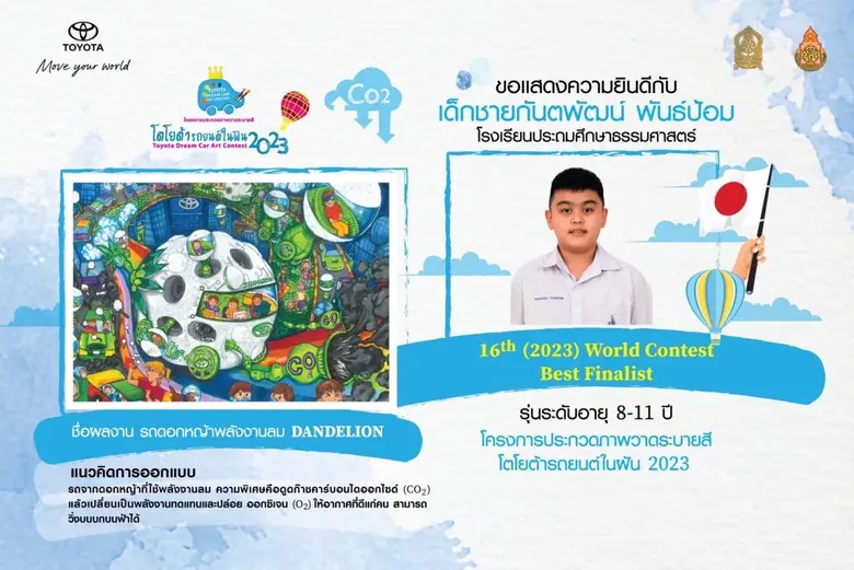 เยาวชนไทยสร้างชื่อเสียงก้องโลก คว้ารางวัล Best Finalist โครงการประกวดภาพวาดระบายสี "Toyota Dream Car Art Contest" ครั้งที่ 16