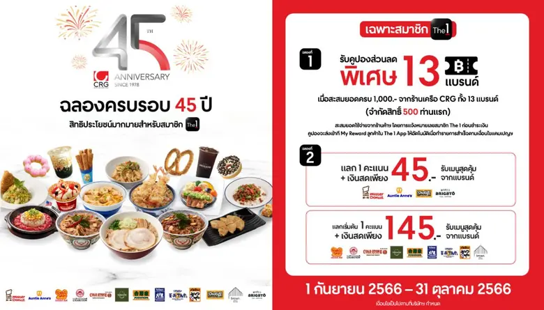 ซีอาร์จี ฉลองครบรอบ 45 ปี ผนึกกำลัง The 1 (เดอะ วัน) จัดแคมเปญพิเศษ "CRG 45th Anniversary Exclusive Forward" มอบสิทธิประโยชน์มากมาย
