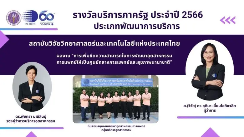 วว. คว้ารางวัลเลิศรัฐ ประจำปี 2566 บริการภาครัฐระดับดี ประเภทพัฒนาการบริการ จาก ก.พ.ร.  ด้วยผลงาน "การเพิ่มขีดความสามารถในการพัฒนาอุตสาหกรรมการแพทย์ให้เป็นศูนย์กลางการแพทย์และสุขภาพนานาชาติ"