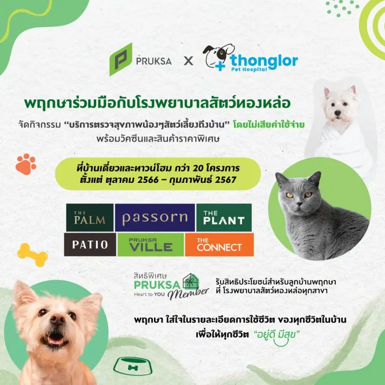 'พฤกษา' จับมือ 'โรงพยาบาลสัตว์ทองหล่อ' มอบบริการตรวจสุขภาพสัตว์เลี้ยงถึงบ้านฟรี พร้อมส่วนลดพิเศษเพื่อสมาชิกแสนรัก