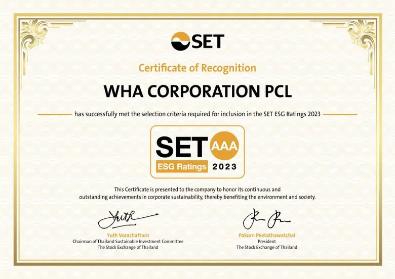 WHA GROUP ได้รับผลการประเมิน SET ESG Ratings ปี 2566 สูงสุดที่ระดับ "AAA" ติดรายชื่อหุ้นยั่งยืนต่อเนื่องเป็นปีที่ 4 ตอกย้ำการพัฒนาธุรกิจเพื่อเติบโตอย่างยั่งยืน สู่การสร้างอนาคตที่ดีให้กับสังคมและประเทศ WHA : WE SHAPE THE FUTURE