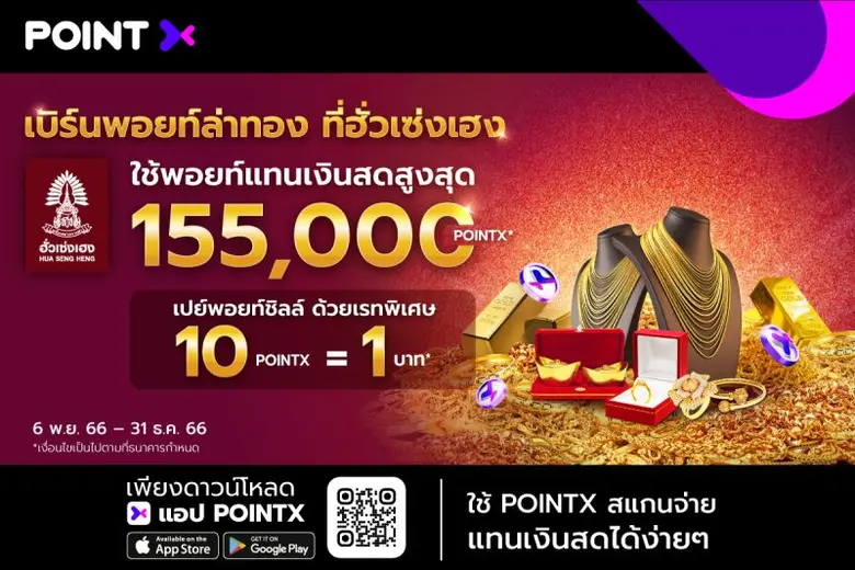 PointX ส่งแคมเปญ "เบิร์นพอยท์ ล่าทอง ที่ฮั่วเซ่งเฮง" ใช้พอยท์แทนเงินสดได้สูงสุดถึง 155,000 พอยท์ พร้อมรับเรทพิเศษโดนใจ 10 PointX = 1 บาท เมื่อซื้อทองที่ร้านฮั่วเซ่งเฮง ทุกสาขา