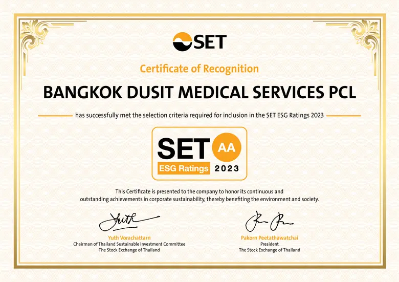 BDMS รับรางวัล SET ESG Ratings ระดับ AA ประจำปี 2566