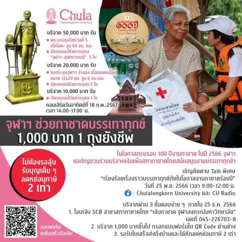 จุฬาฯ เชิญร่วมบริจาคเงินช่วยกาชาด บรรเทาทุกข์ 1,000 บาท 1 ถุงยังชีพ ในโอกาส 100 ปีงานกาชาดในปี 2566