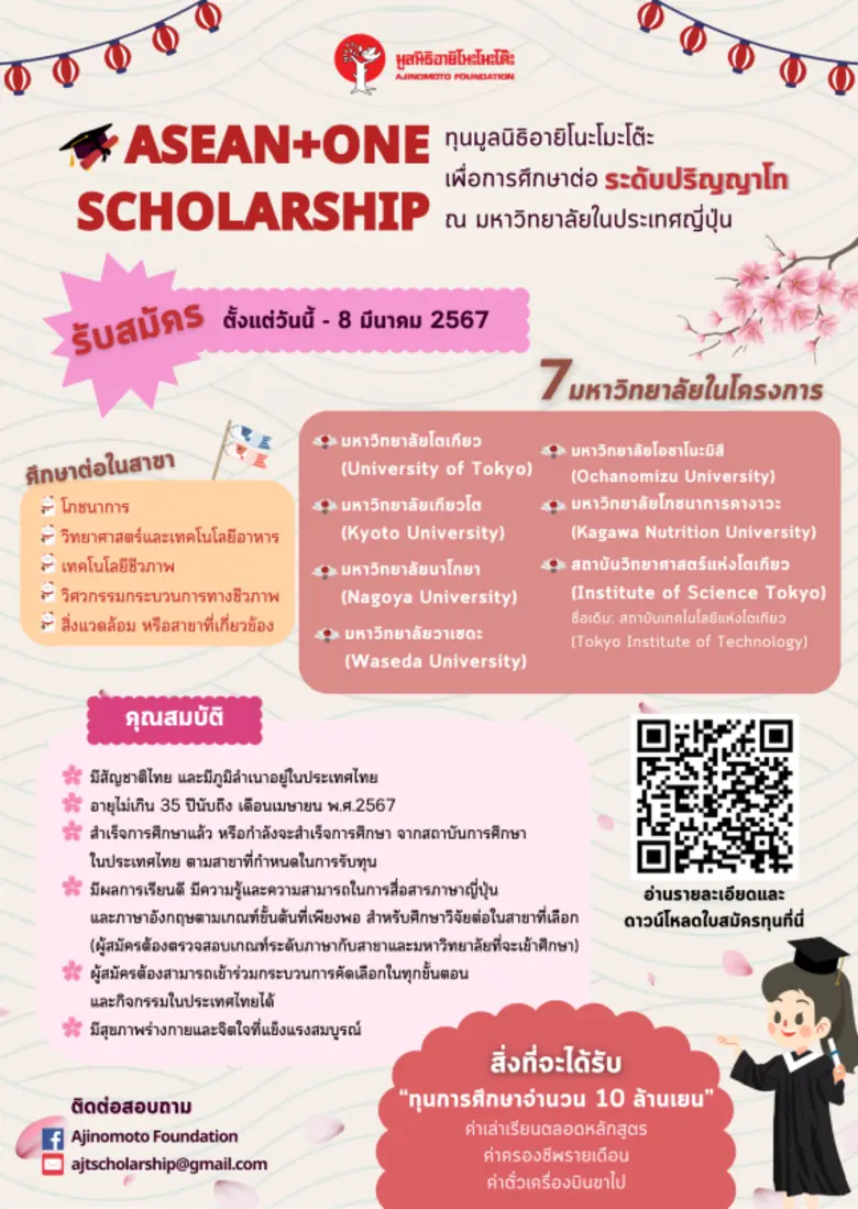 มูลนิธิอายิโนะโมะโต๊ะ เปิดรับสมัครทุนศึกษาวิจัย และปริญญาโท โครงการ "ASEAN+ONE SCHOLARSHIP" ประจำปี พ.ศ. 2568