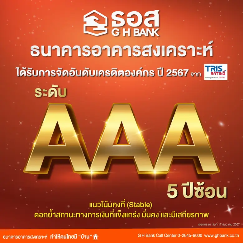 ธนาคารอาคารสงเคราะห์ (ธอส.) เผย ทริสเรทติ...