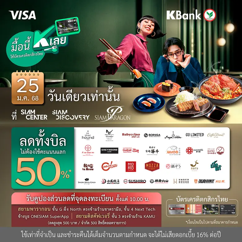 กระแสโปรสุดฮอต นักชิมนักช้อปวันสยามร่วมแคมเปญคับคั่ง กับ "มื้อนี้ K เลย" ลดทั้งบิล 50%* ด้วยบัตรเครดิตวีซ่ากสิกรไทย