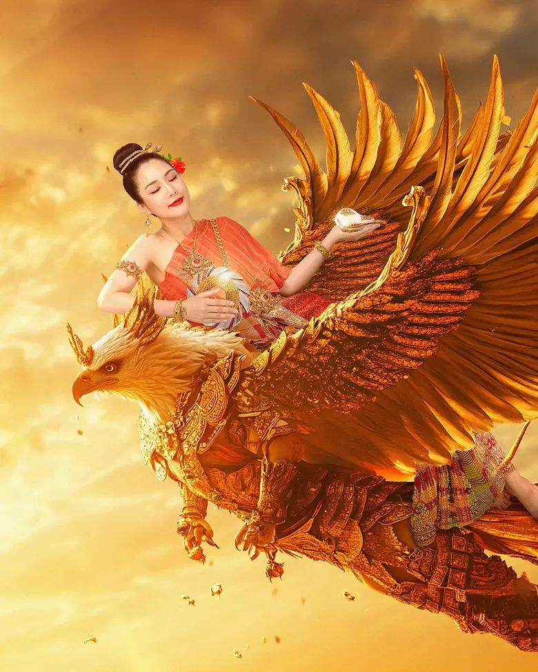 วนัช กูตูร์  เนรมิต จั๊กจั่น อคัมย์สิริ ในลุคนางสงกรานต์ "ทุงสะเทวี" เสด็จลงมาอย่างสง่างาม บนหลังครุฑทองอันทรงฤทธิ์